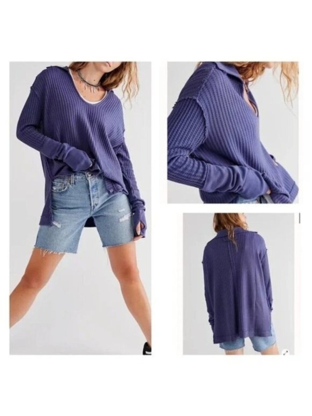 Free People Raymond Thermal Waffle Knit Oversized Pullover Size XS  Blue Blu